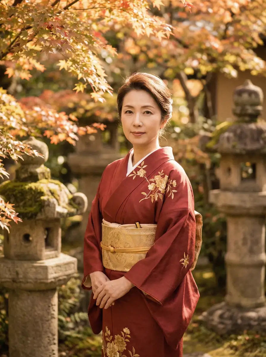 一位身穿暗红色和服的优雅 井川里予-井川里予视频 免费观看|全网独家井川里予导航 在日式庭院中